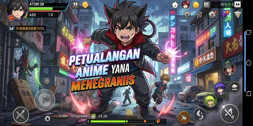 Gameplay ATOM138 menampilkan pertarungan karakter anime yang mendebarkan.