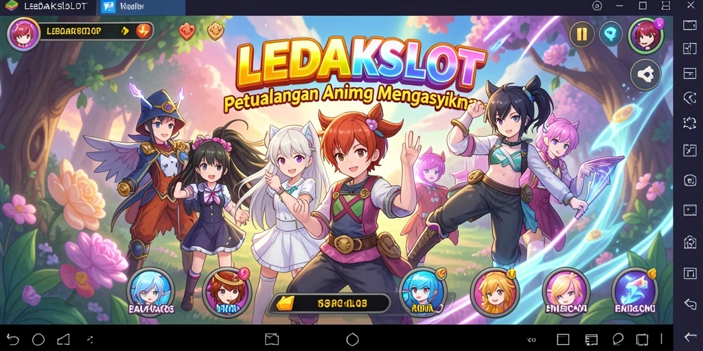 Tampilkan screenshot gameplay seru dari LEDAKSLOT dengan karakter Anime.