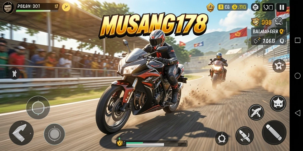 Tampilan gameplay <strong>MUSANG178</strong> menampilkan aksi balapan motor yang mendebarkan.