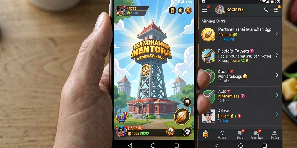 Screenshot gameplay menunjukkan pertahanan menara yang dramatis di RACIK198.