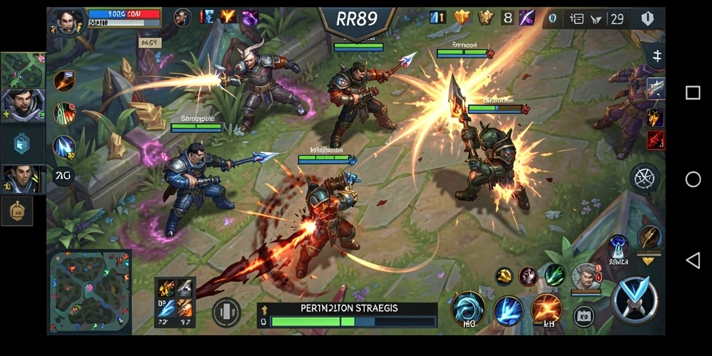 Tangkapan layar gameplay RR89 menampilkan pertempuran seru antar tim MOBA.