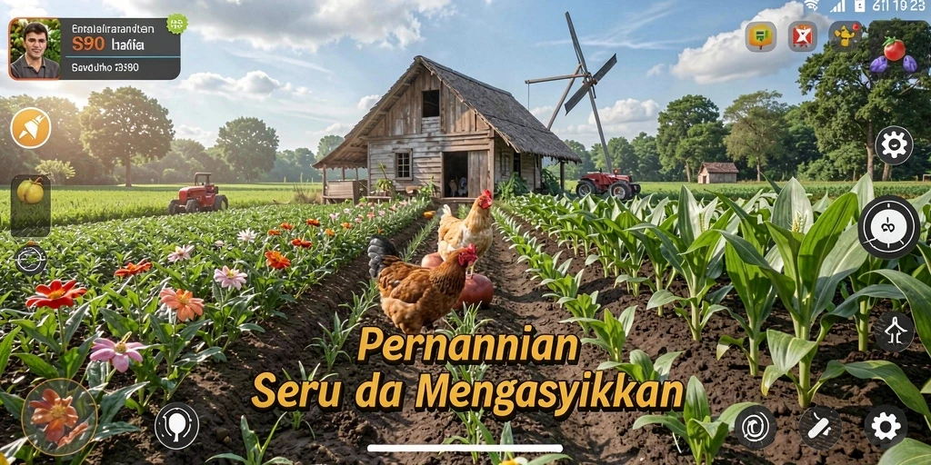 Screenshot S80 menampilkan petani yang sedang merawat ladang dengan tanaman hijau.